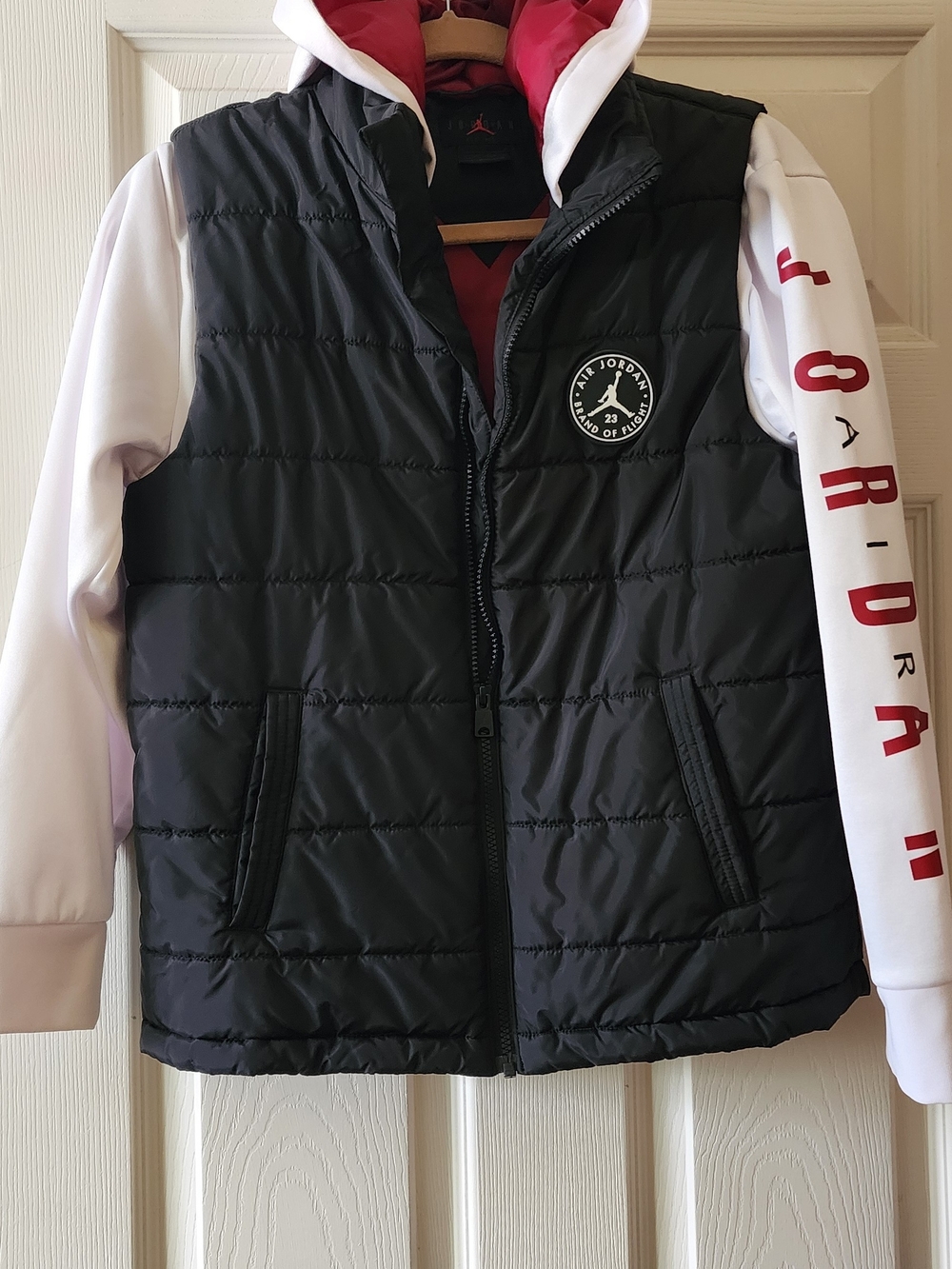 Kids Jordan Black Puffer Vest with White Sleeves